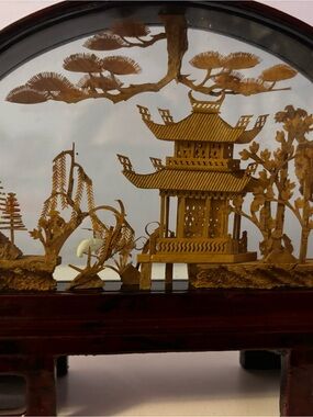 Hand-Carved Pagoda Scene Display with Gold-Toned Detailing